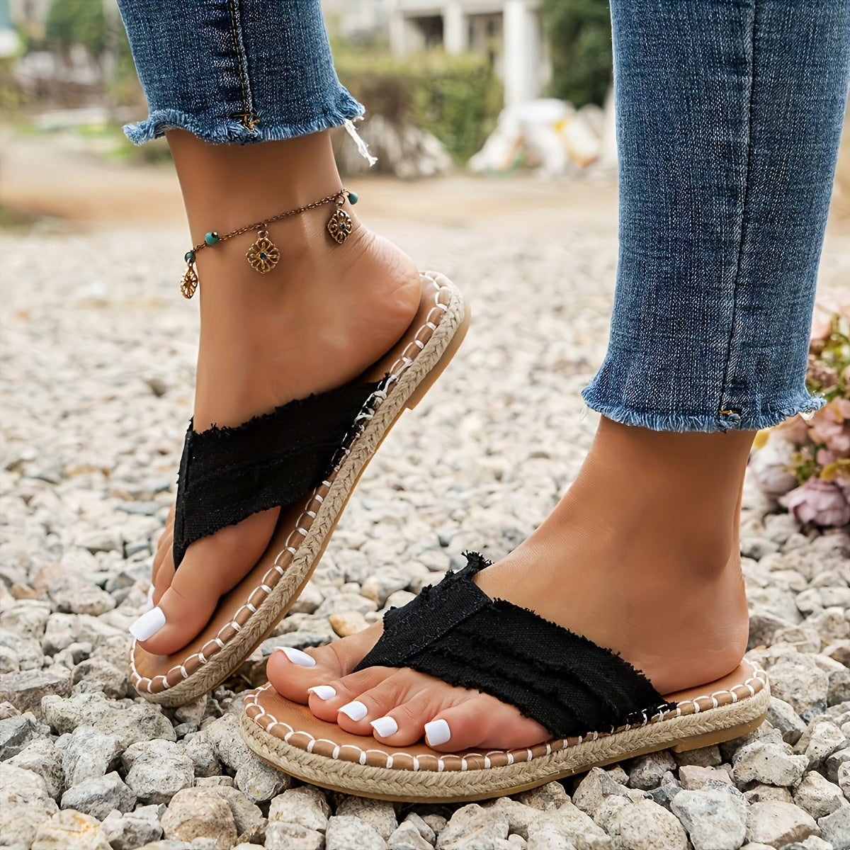 Women's Black Tan Hemp Rope Bottom Flip Flops