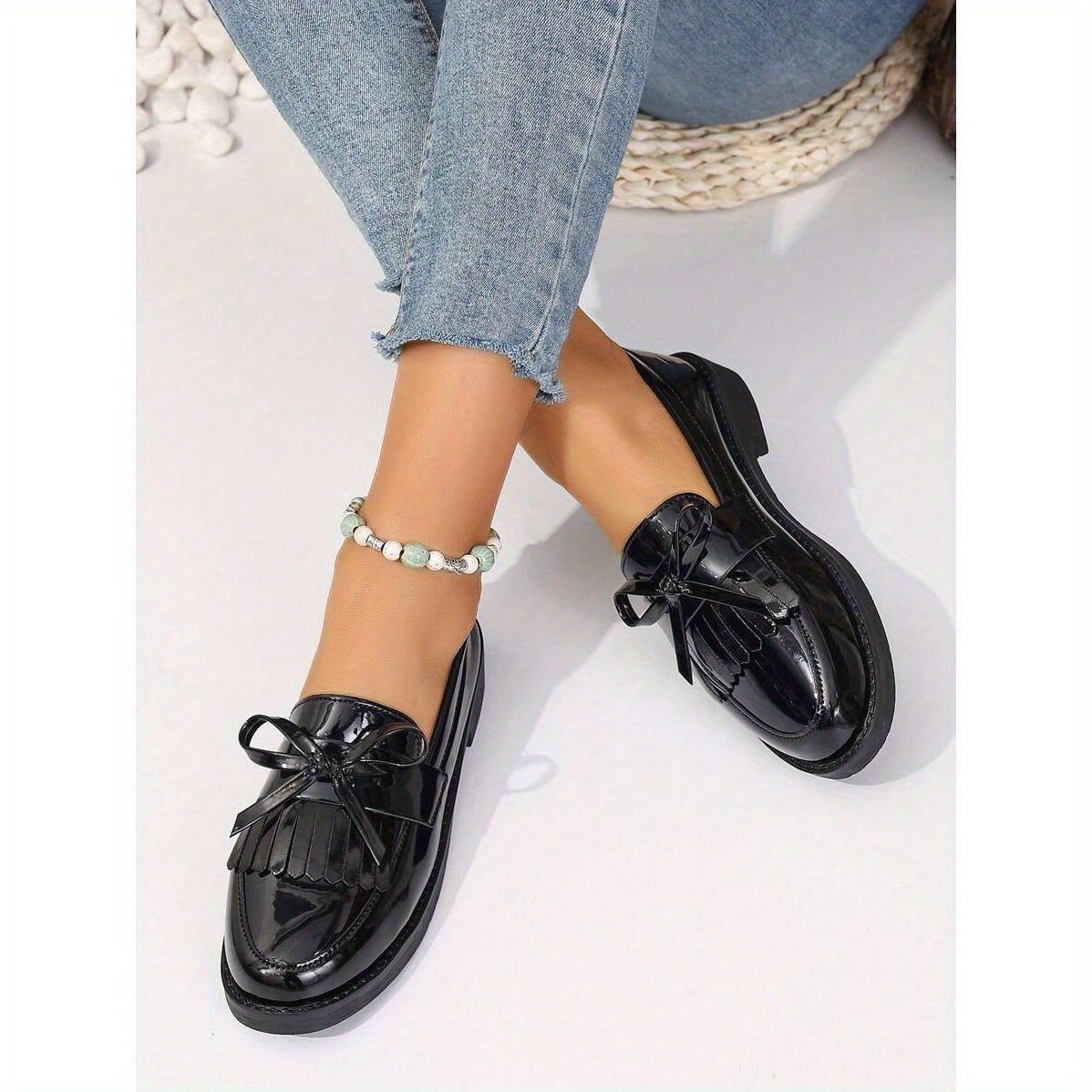 Black bow thick-soled loafers