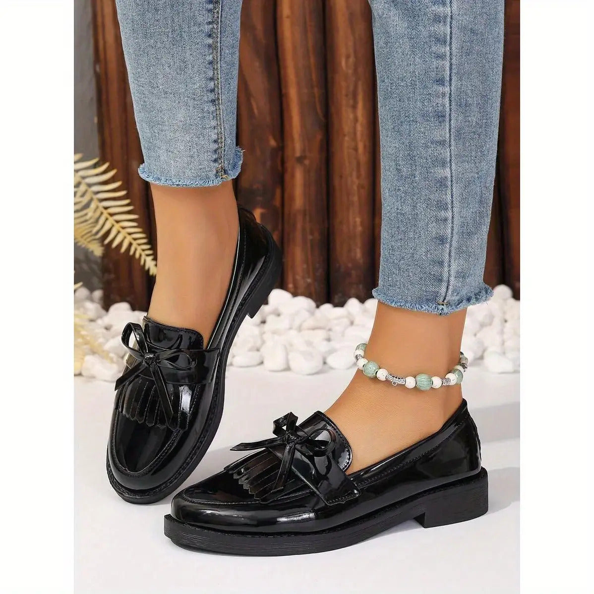 Black bow thick-soled loafers