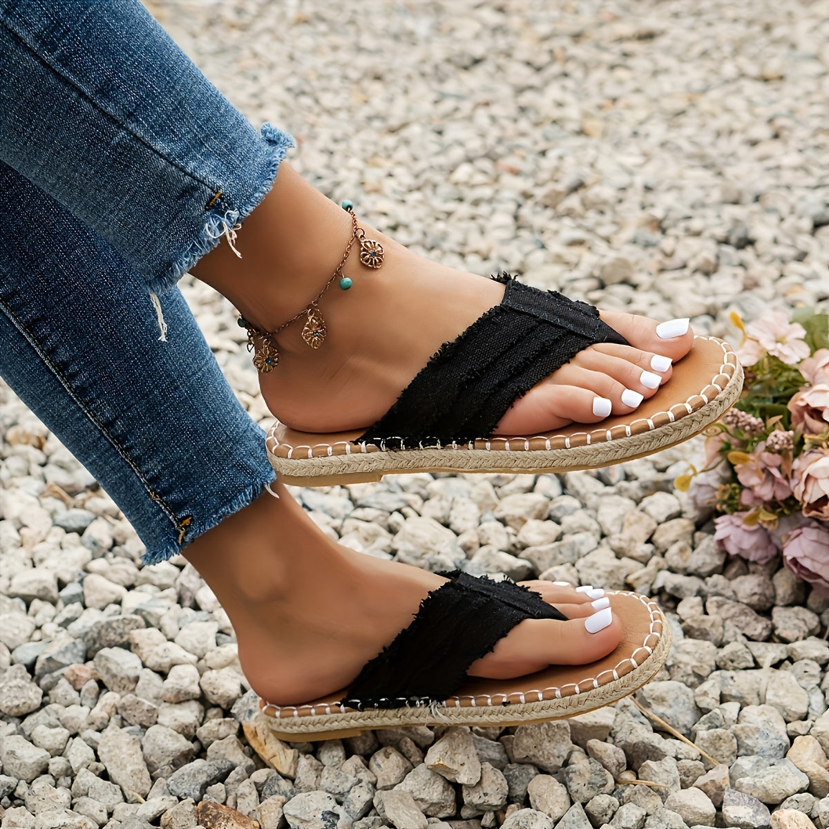 Women's Black Tan Hemp Rope Bottom Flip Flops
