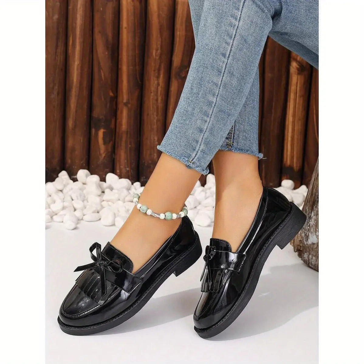 Black bow thick-soled loafers