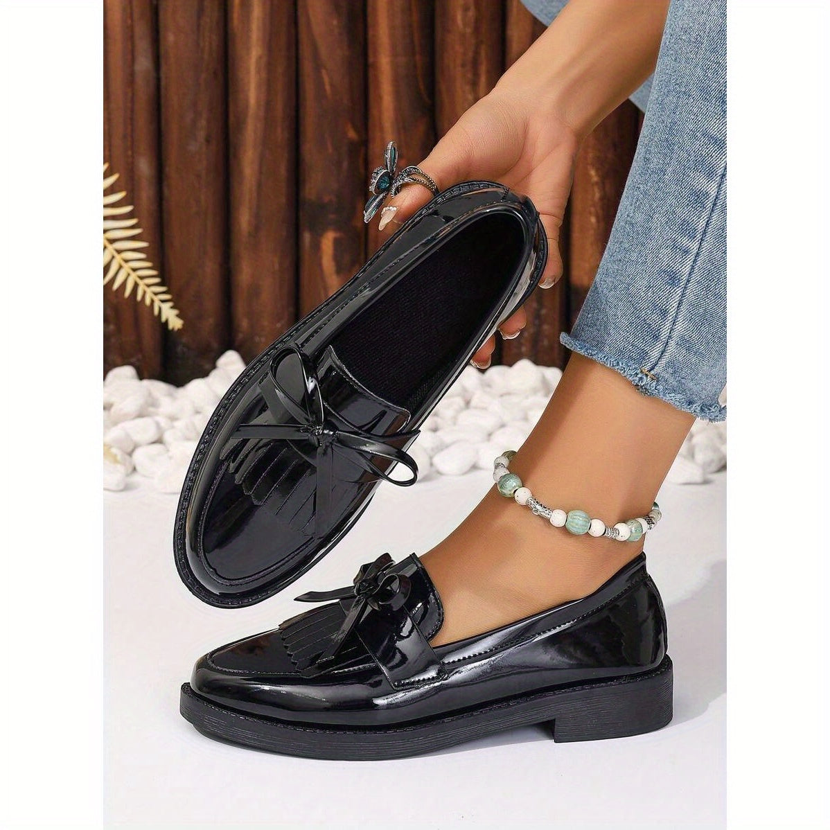 Black bow thick-soled loafers
