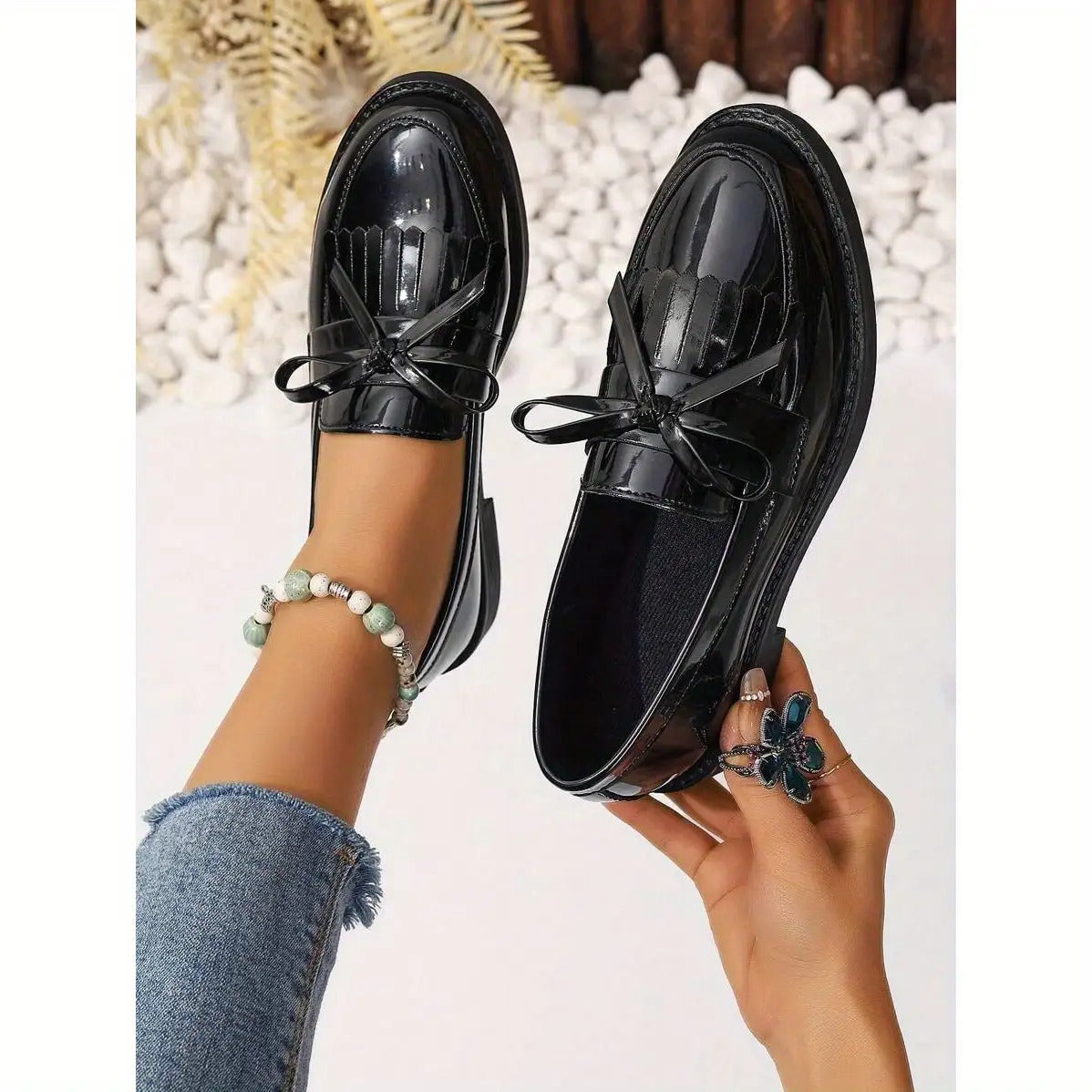 Black bow thick-soled loafers