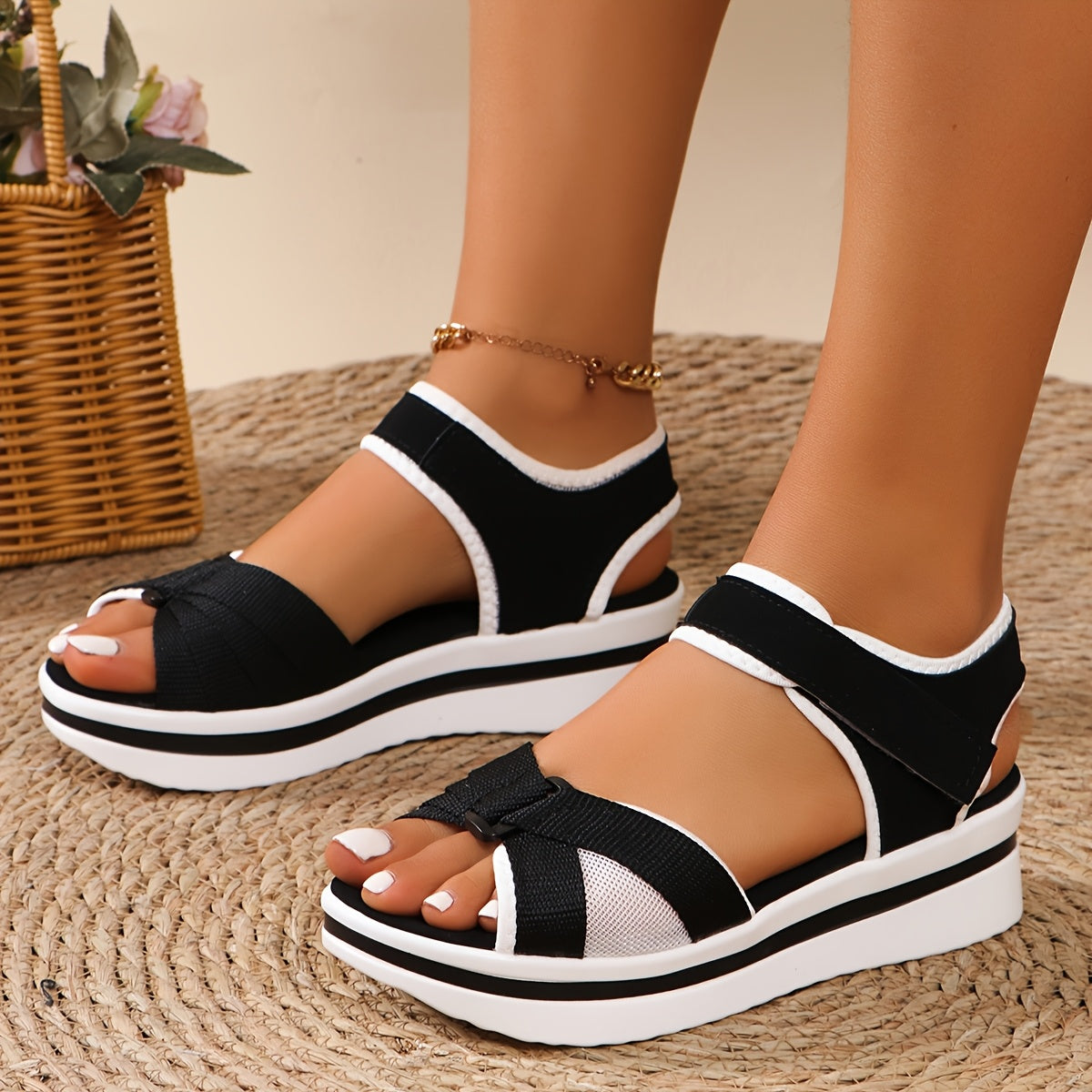 Ladies' black and white thick soled sandals