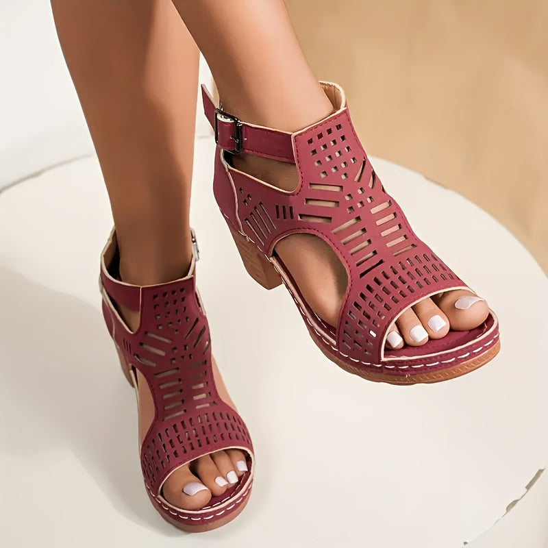 Women's Hollow Buckle Chunky Heel Sandals