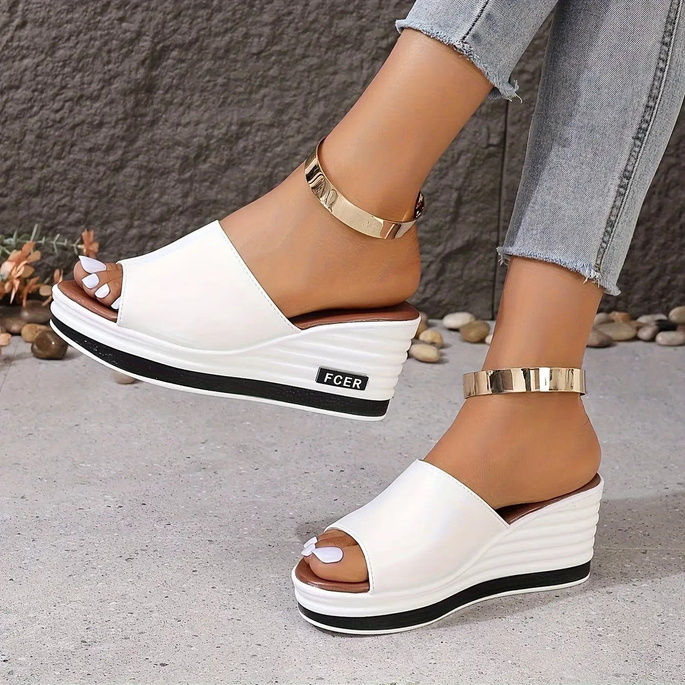 Women's White Thick-Soled Wedge Sandals