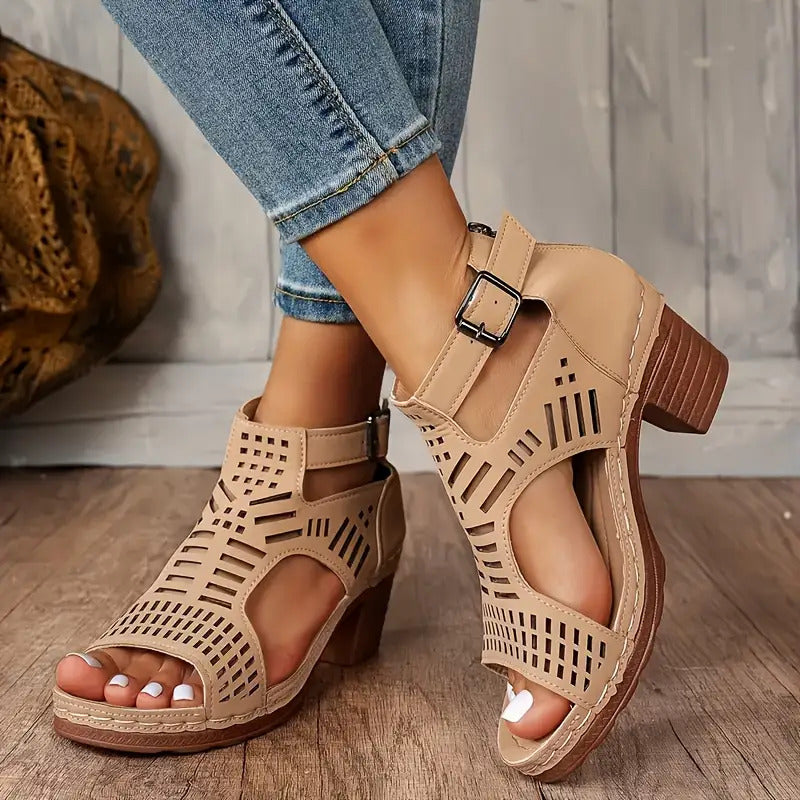 Women's Hollow Buckle Chunky Heel Sandals