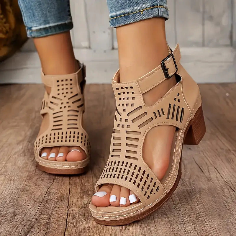 Women's Hollow Buckle Chunky Heel Sandals