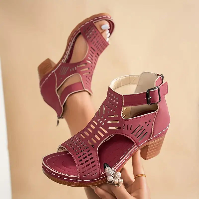 Women's Hollow Buckle Chunky Heel Sandals