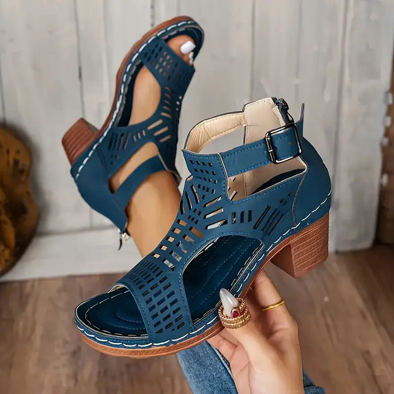 Women's Hollow Buckle Chunky Heel Sandals