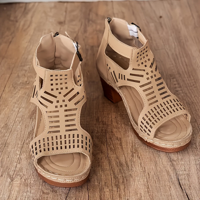 Women's Hollow Buckle Chunky Heel Sandals