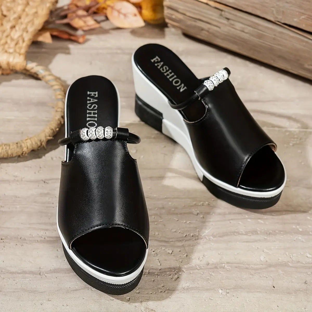 Women's Casual Black and White Wedge Sandals