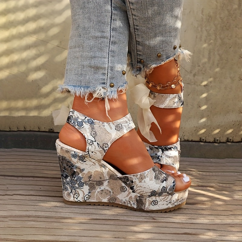 Thick Wedge Heel Elegant Women's Retro Floral Sandals