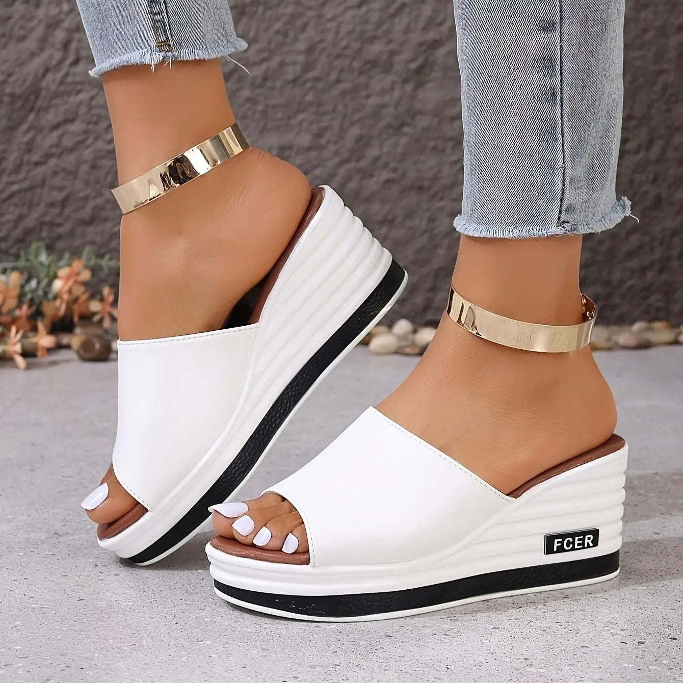 Women's White Thick-Soled Wedge Sandals