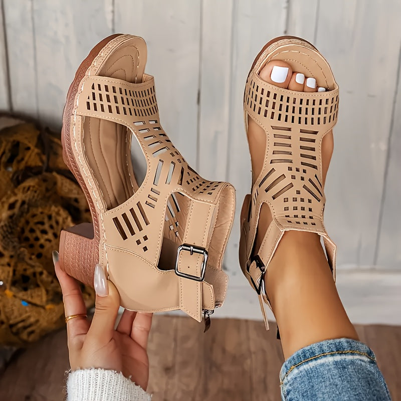 Women's Hollow Buckle Chunky Heel Sandals
